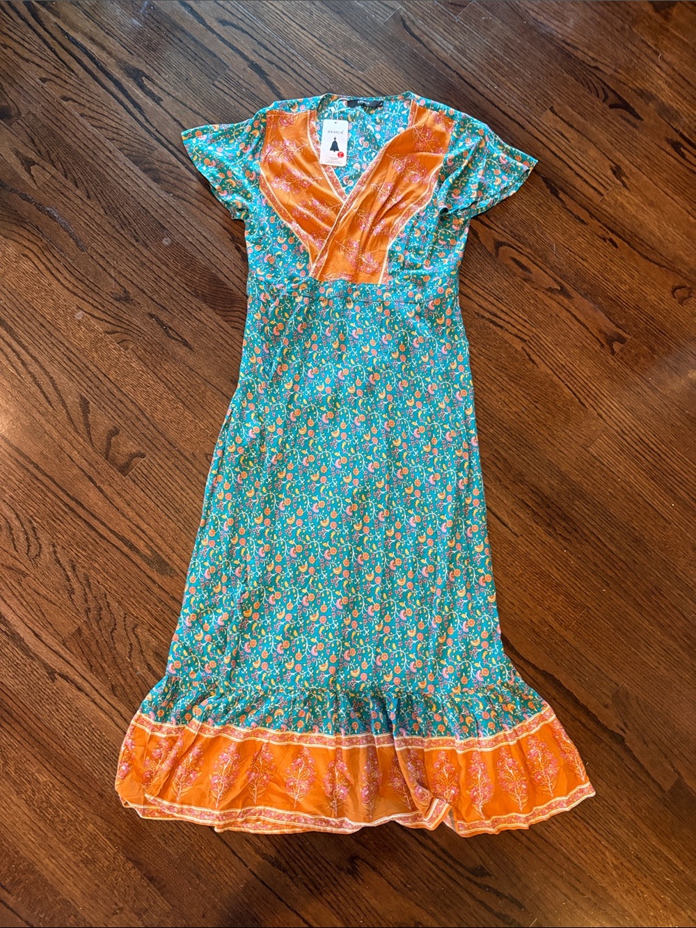 Floral Teal & Orange Midi Dress with V-Neck Ruffle - Brand: (unspecified)